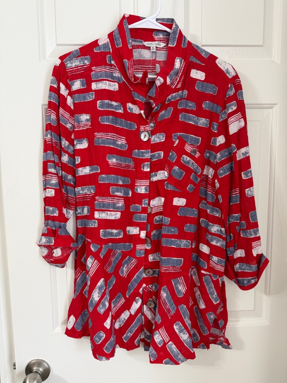 John Mark Red & Bluish Grey Printed 3/4th Sleeve Button Front Womens Blouse